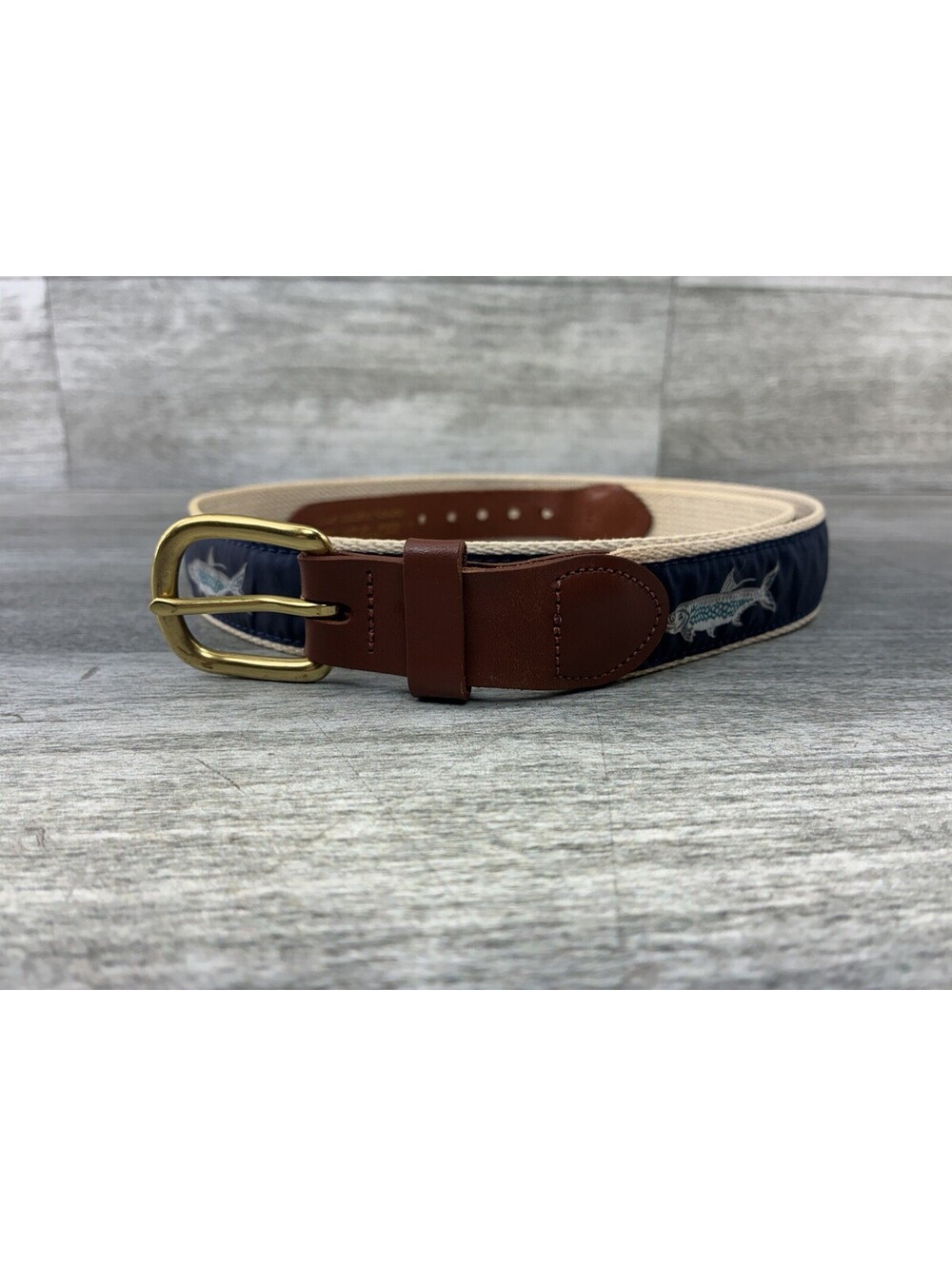 Leather Man Ltd Belt Brass Buckle Embroidered MARLIN Canvas Hand Made USA 44